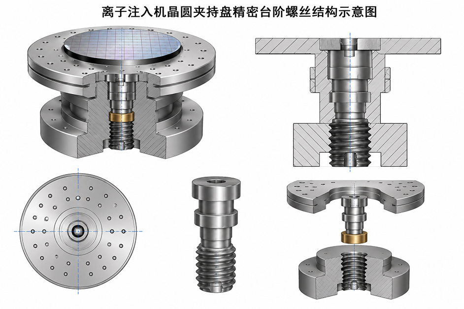 离子注入机晶圆夹持盘精密台阶螺丝结构示意图