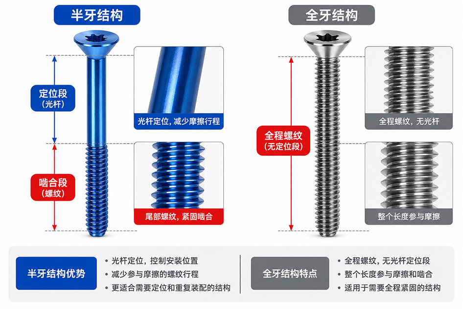 加长钛螺丝定制半牙与全牙结构对比