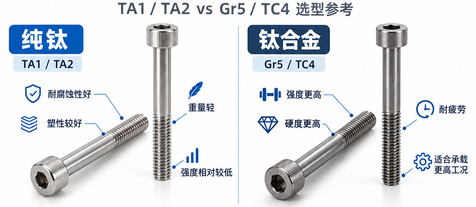加长钛螺丝定制纯钛TA1/TA2与钛合金Gr5/TC4实物对比