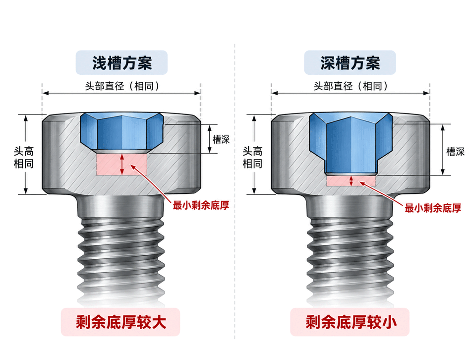 槽深增加后头部剩余厚度变化对比图 驱动槽加深前后头部最小剩余底厚对比